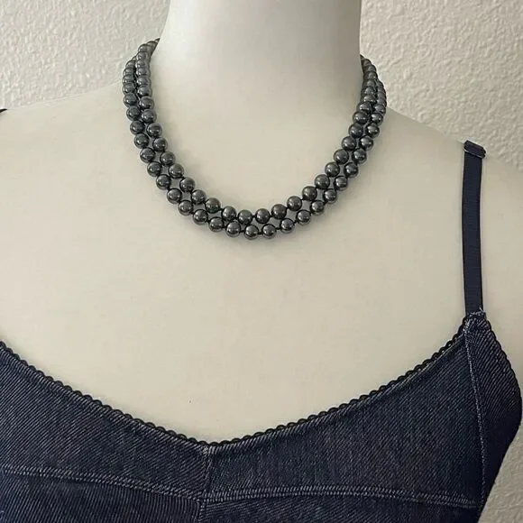 Vintage necklace double strand black glass beans - Picture 2 of 11